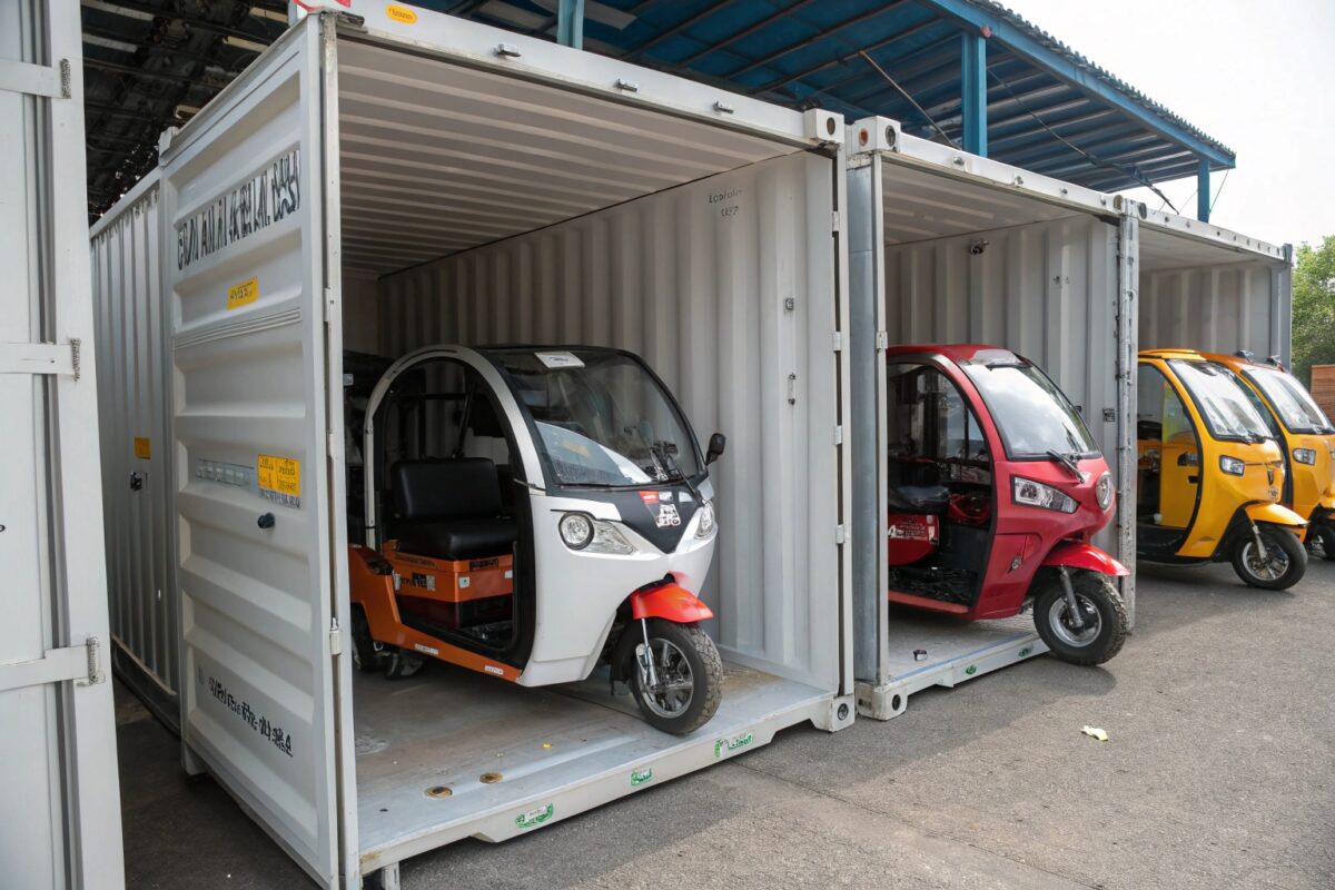 Factory workers loading new Keke Napep units into a shipping container for export.